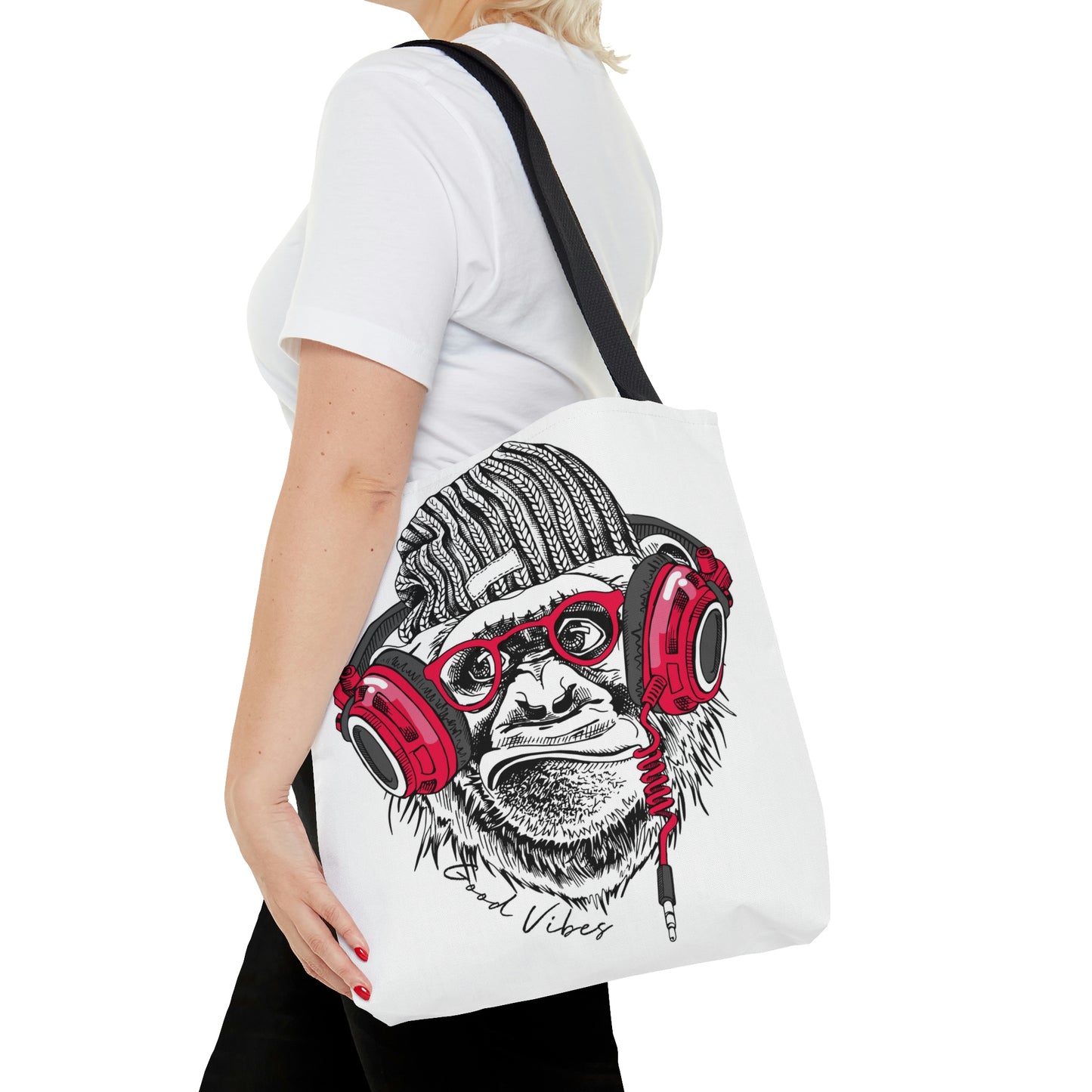 AOP Tote Bag "Funny Monkey and pink headphones"